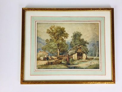 null FRENCH SCHOOL early 19th century Farm in the mountains Watercolor 20 x 27 cm...