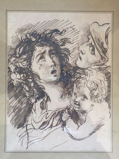 null ECOLE FRANCAISE du XIXème siècle Femme avec un enfant et soldat Plume et encre...