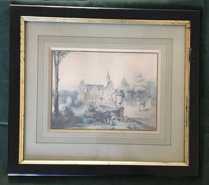 null ECOLE FRANÇAISE du XIXe siècle Paysages animés aux châteaux Paire de crayons...