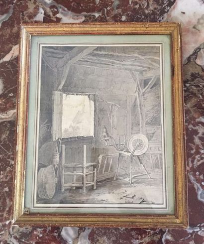 null ECOLE FRANCAISE du XIXe siècle Intérieur de ferme Crayon et aquarelle Porte...