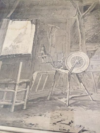 null ECOLE FRANCAISE du XIXe siècle Intérieur de ferme Crayon et aquarelle Porte...
