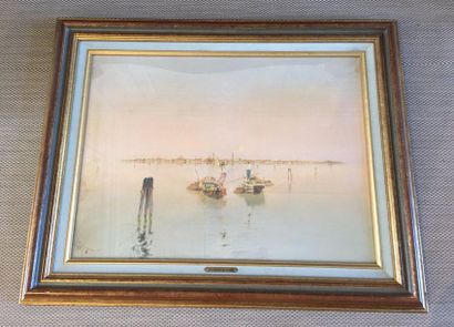 null Raffaelle MAINELLA (1858-1907) La Lagune à Venise Aquarelle signée en bas à...
