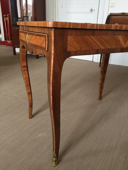 null WRITING TABLE in veneer wood and marquetry opening by two side drawers and a...