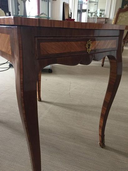 null WRITING TABLE in veneer wood and marquetry opening by two side drawers and a...