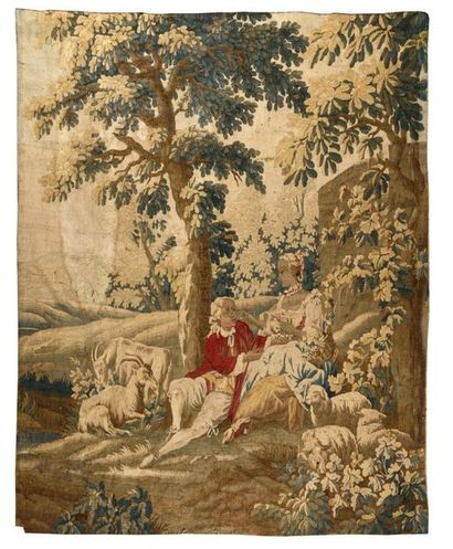 null AUBUSSON Scène galante Tapisserie en laine polychrome XVIIIe siècle 215 x 176...