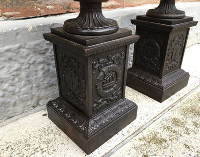 null PAIRE DE VASES MEDICIS en fonte de fer sur socles colonnes aux attributs des...