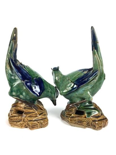 null CHINA or VIETNAM Pair of glazed ceramic figurines representing birds perched...