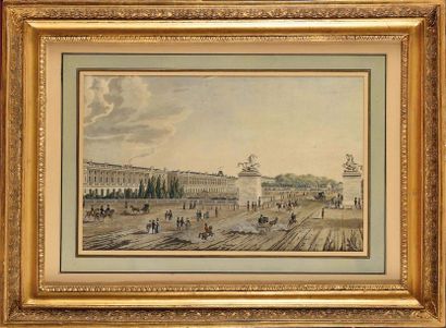 null « Le jardin des Tuileries ». Gravure animée rehaussée d’aquarelle. 39,5 x 25...