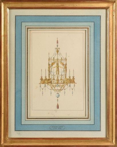 null Charles PERCIER (1764-1838) Aquarelle originale représentant un projet de lustre...