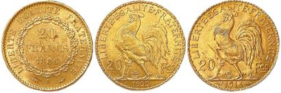 null IIIrd REPUBLIC Lot of three gold coins (19.37 g the 3): 20 Francs (Genie) 1886...