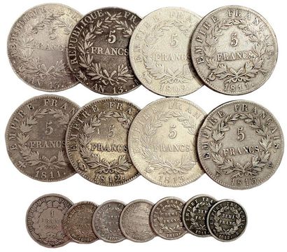 null Lot de 15 pièces d’argent NAPOLÉON Ier et NAPOLÉON III : 5 Francs (tête nue...