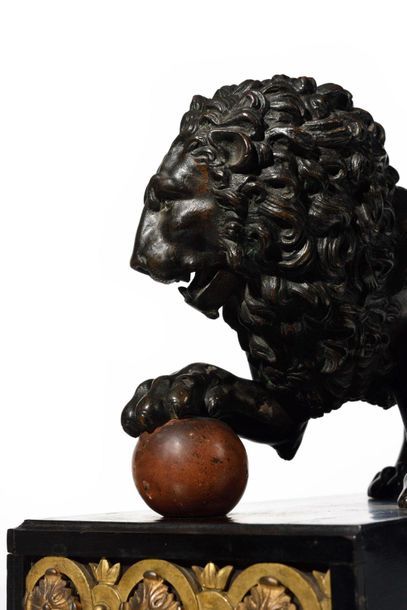 null Medici lion figure in bronze with a brown patina, resting on an ebony and blackened...