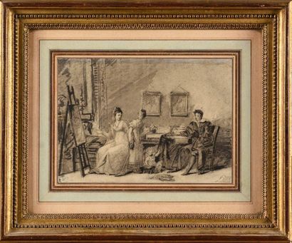 null Ecole française du début du XIXème siècle Femme peintre et sa famille Lavis...