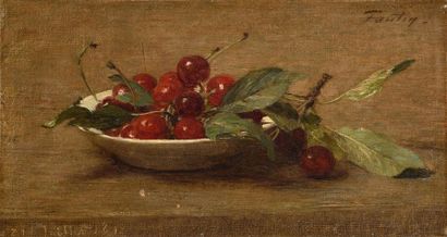 null Henri FANTIN-LATOUR (1836-1904) Assiette de cerises Huile sur toile Signé en...