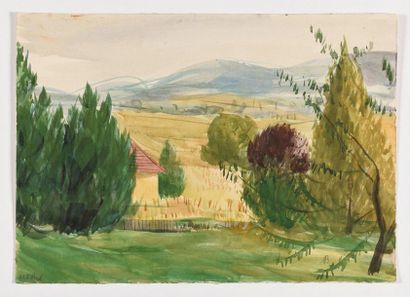 null AUREL BERNATH (1895-1982) Vue de Révfülöp (Paysage avec arbres et montagnes)...