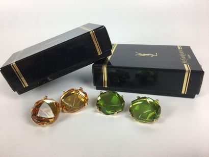 null YVES SAINT LAURENT Two pairs of gold metal and coloured glass ear clips (one...