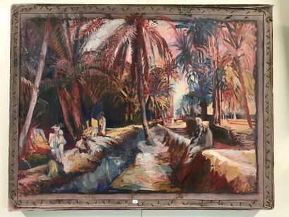 null Suite of three orientalist nylon canvas paintings.

Signature illegible.

Dimensions...