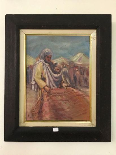null Suite of three orientalist oils on canvas: market, door and maternity. We join...