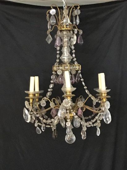 null Louis XV style chandelier with white and violet gilded brass pendants and six...