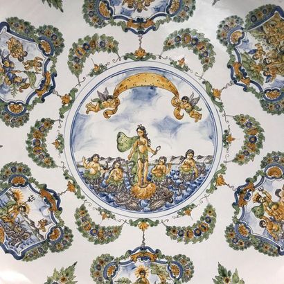 null Grand plat en faience de Moustiers à décor de Vénus et du panthéon romain. 

XXème...