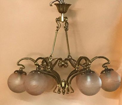 null Two Art Nouveau style bronze 6-light chandeliers and glass globes by MURANO

Two...
