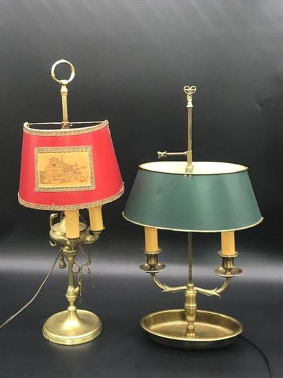 null Two hot-water bottle lamps, one metal lampshade, the other in cardboard with...