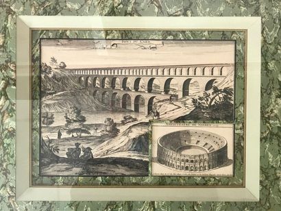 null Lot de cinq gravures anciennes, paysages et vues de ville, Pont du Gard, encadrées...