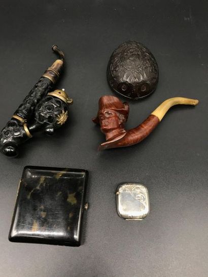 null Set of two pipes carved in heather, one with a Napoleon head, and a half coconut...