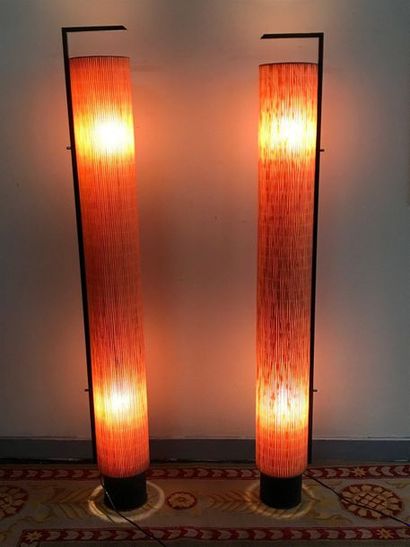 null Pair of LAMPADAIRES in cylindrical shape made of wood slats and black lacquered...