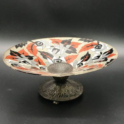 null Enamelled glass bowl with flower decoration resting on a wrought iron Art Deco...