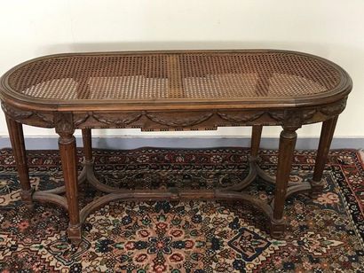  Louis XVI style piano bench 
carved wood, 6 feet. 
To be reconsolidated, wickerwork...