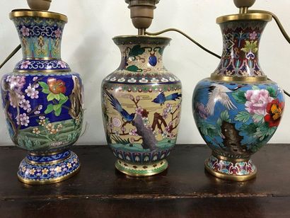 null Suite of three vases mounted as a cloisonné enamel lamp 

A little dent in one....
