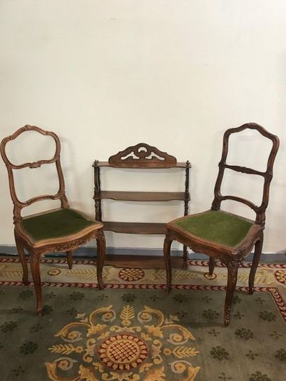 null Turned wooden shelf with four tiers and two carved wooden Regency style chairs....