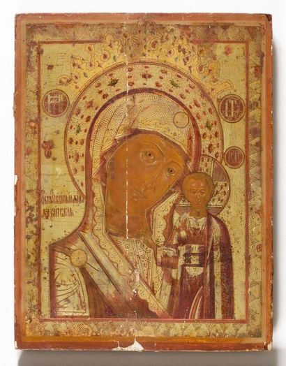  Icône « Vierge de Kazan » 
Russie, XIXe siècle 
Tempera sur bois 
49 x 39 cm. D....