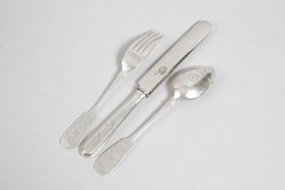 null Cutlery for a child

Contains a spoon, fork and knife.

Engraved silver

Punches:...