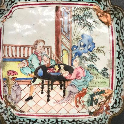 null Suite of four painted enamel saucers decorated with animated scenes of characters...