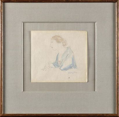 null ECOLE MODERNE La femme en bleu d’après Foujita Aquarelle Porte une signature...