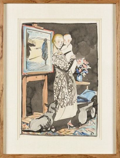 null HERMANN PAUL (1864-1940) Mère et enfant dans l’atelier Aquarelle Signé du monogramme...