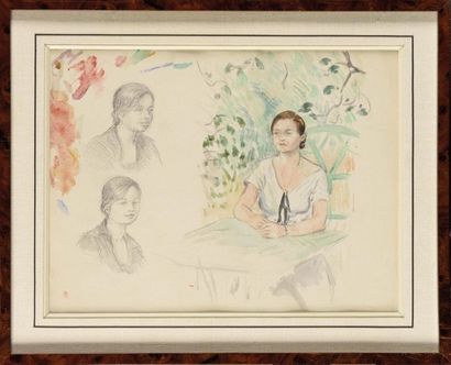 null Attribué à Julie MANET (1878-1966) Etude de femme assise au jardin et deux études...