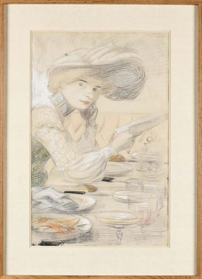null HERMANN PAUL (1864-1940) La lecture du menu Drawings to three crayons and touchs...