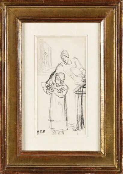 null 19th century SCHOOL Mother and child Black pencil drawing Bears a false stamp...