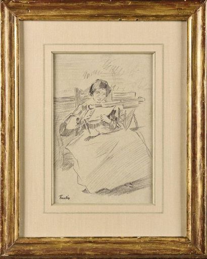 null "Attribué à Henri FANTIN-LATOUR (1836-1904) Brodeuse Dessin au crayon noir porte...