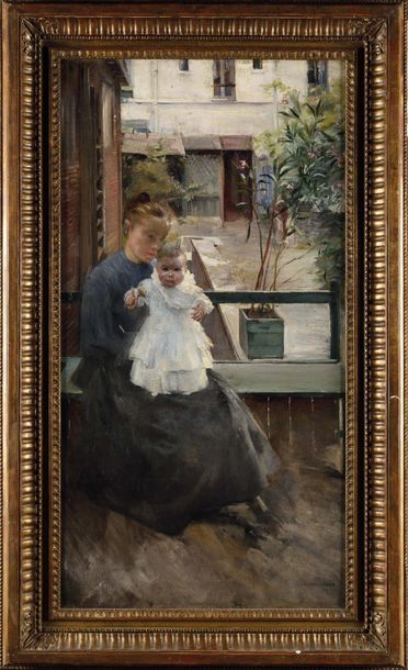 null Julie DELANCE-FEURGARD (1859-1892) Mère et enfant Huile sur toile Porte un cachet...