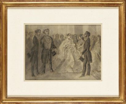 null Constantin GUYS (1802-1892) Scène de bal Dessin à la plume et au lavis 18 x...