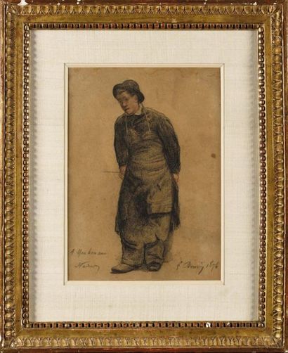null François BONVIN (1817-1887) Portrait d’homme au tablier Dessin au fusain, à...