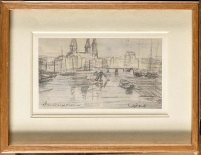 null Pierre LAPRADE (1875-1932) View of Amsterdam Black and blue pencil drawing,...