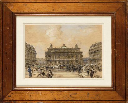 null Alexis VOLLON (1865-1945) La place de l'opéra Charcoal and gouache drawing,...