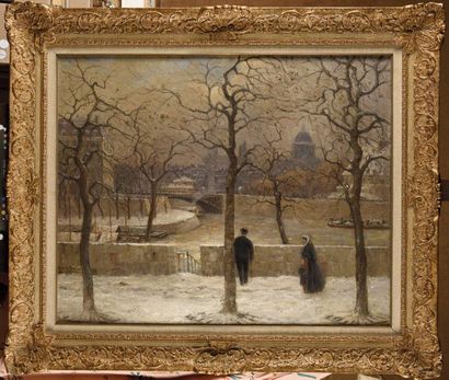 null Pierre Ernest PRINS (1838-1913) Les quais en hiver sous la neige Huile sur toile...
