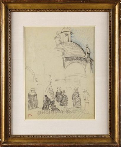 null Paul SERUSIER (1864-1927) Bretonnes in front of the church, 1917 Drawing in...