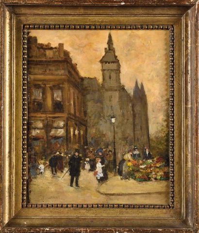 null Francis GARAT (Né en 1853) Le marché aux fleurs et la conciergerie Huile sur...
